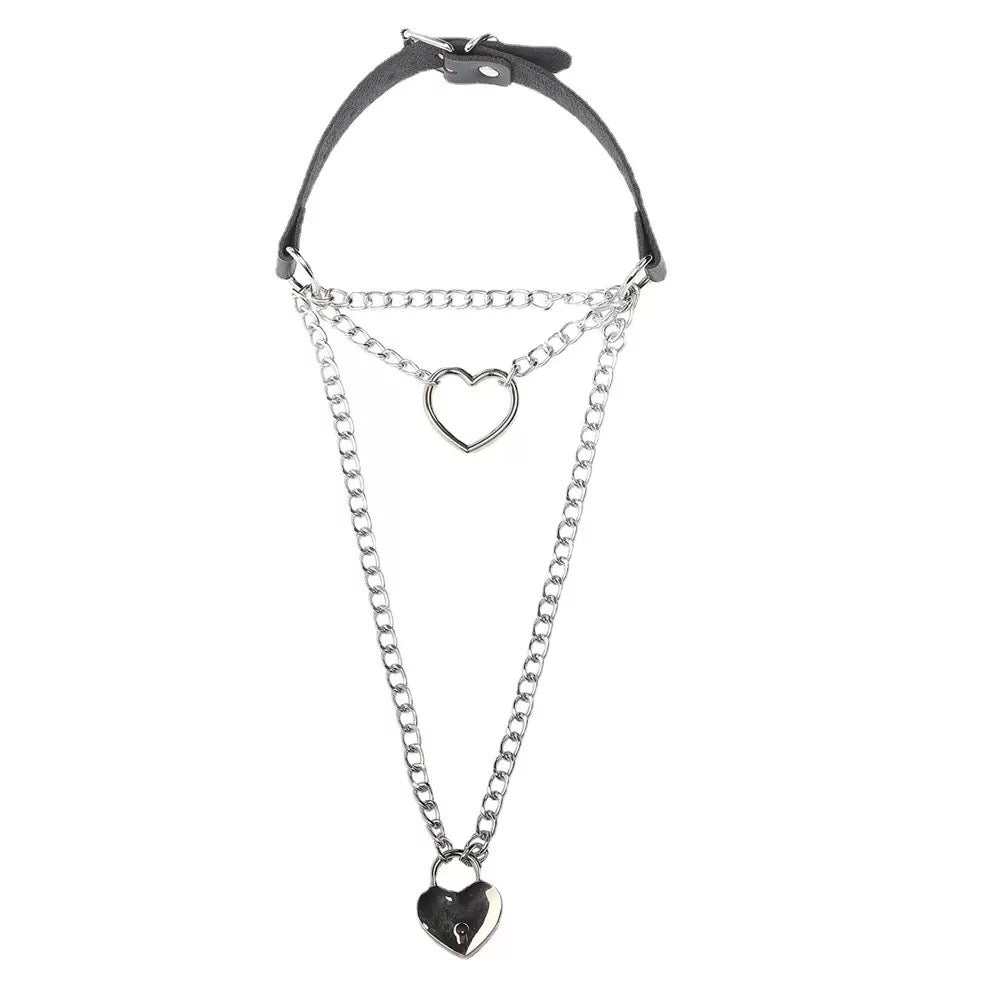 Black leather choker with heart chain