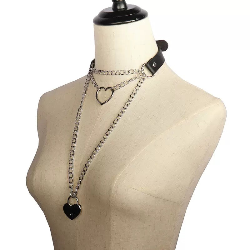 Black leather choker with heart chain