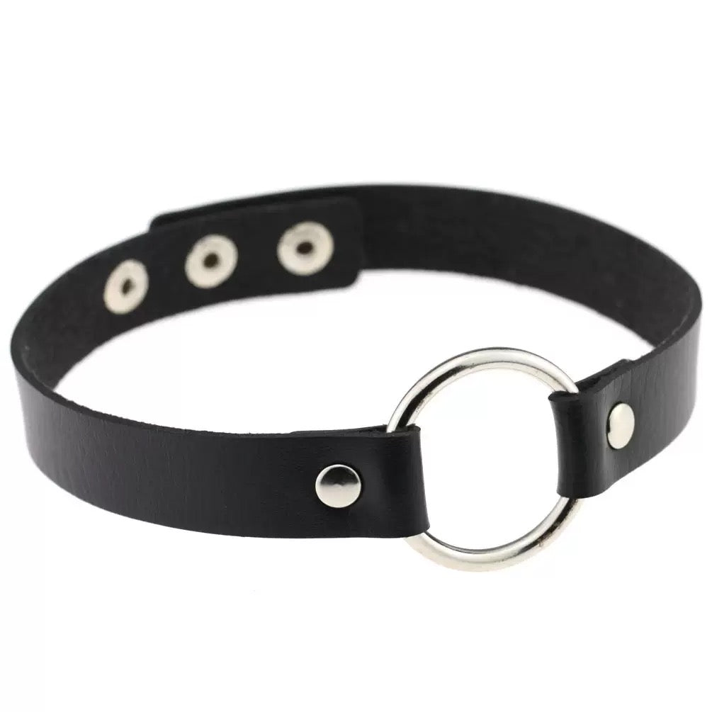 Black leather o-ring choker on a white background