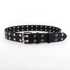Black leather belt with silver studs and grommets on a white background