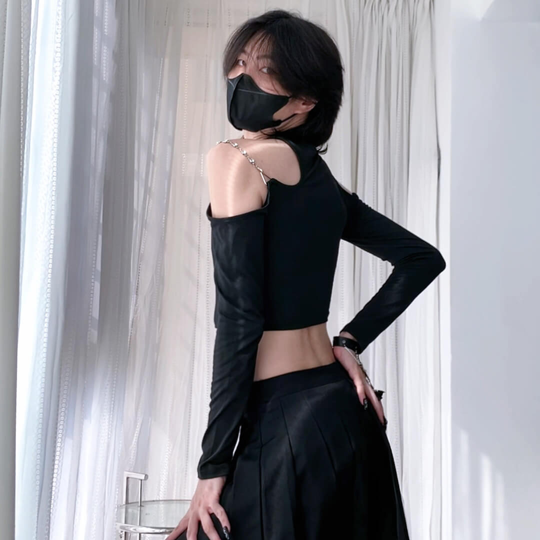Black Long Sleeve Cut Out Shoulder Crop Top Back - Femboy Fashion