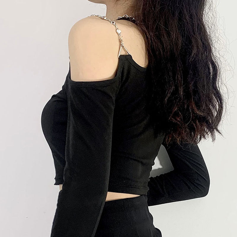 Black Long Sleeve Cut Out Shoulder Crop Top Back - Femboy Fashion