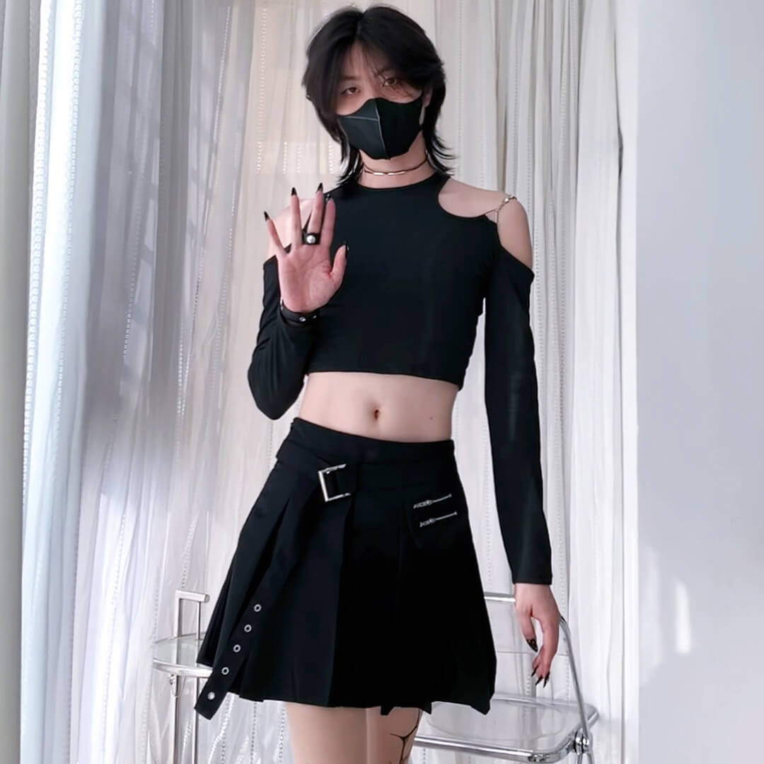 Black Long Sleeve Cut Out Shoulder Crop Top for Femboy - Femboy Fashion