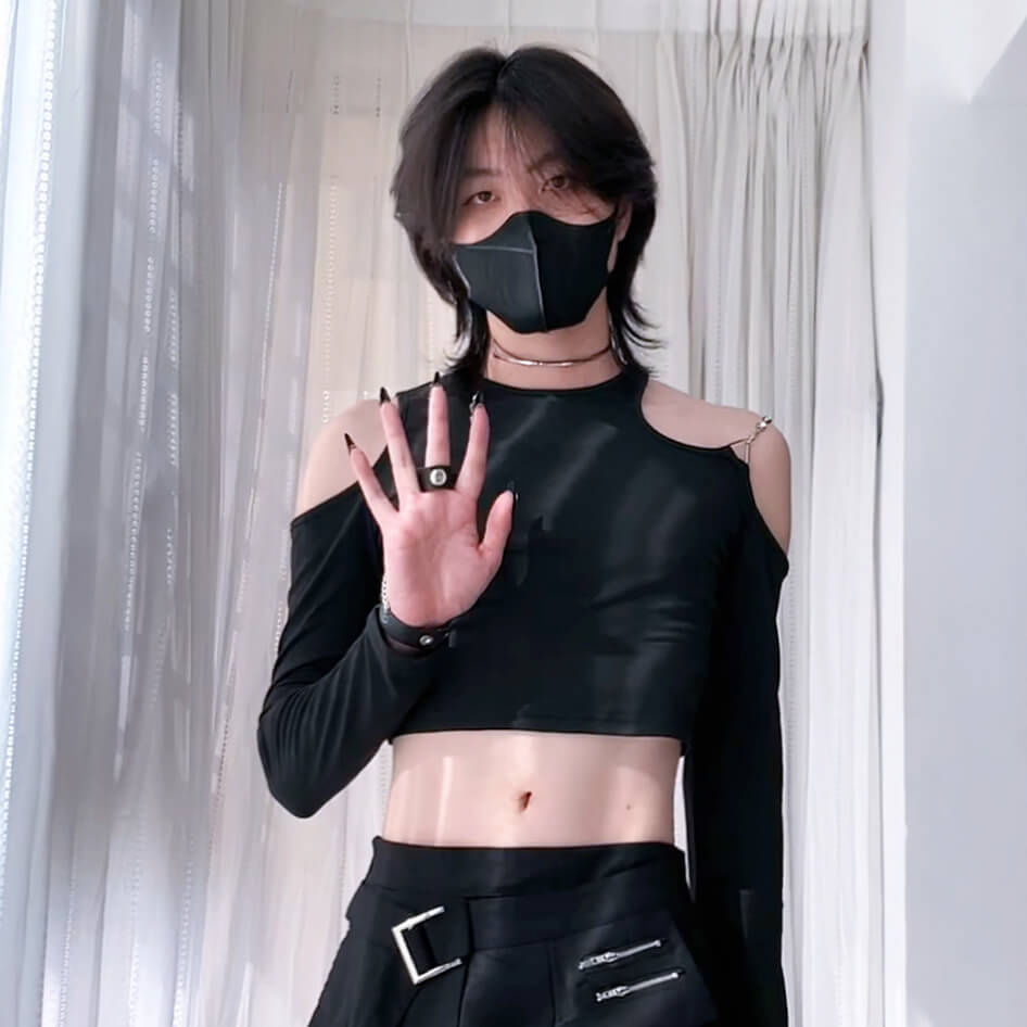 Femboy In Black Long Sleeve Cut Out Shoulder Crop Top - Femboy Fashion