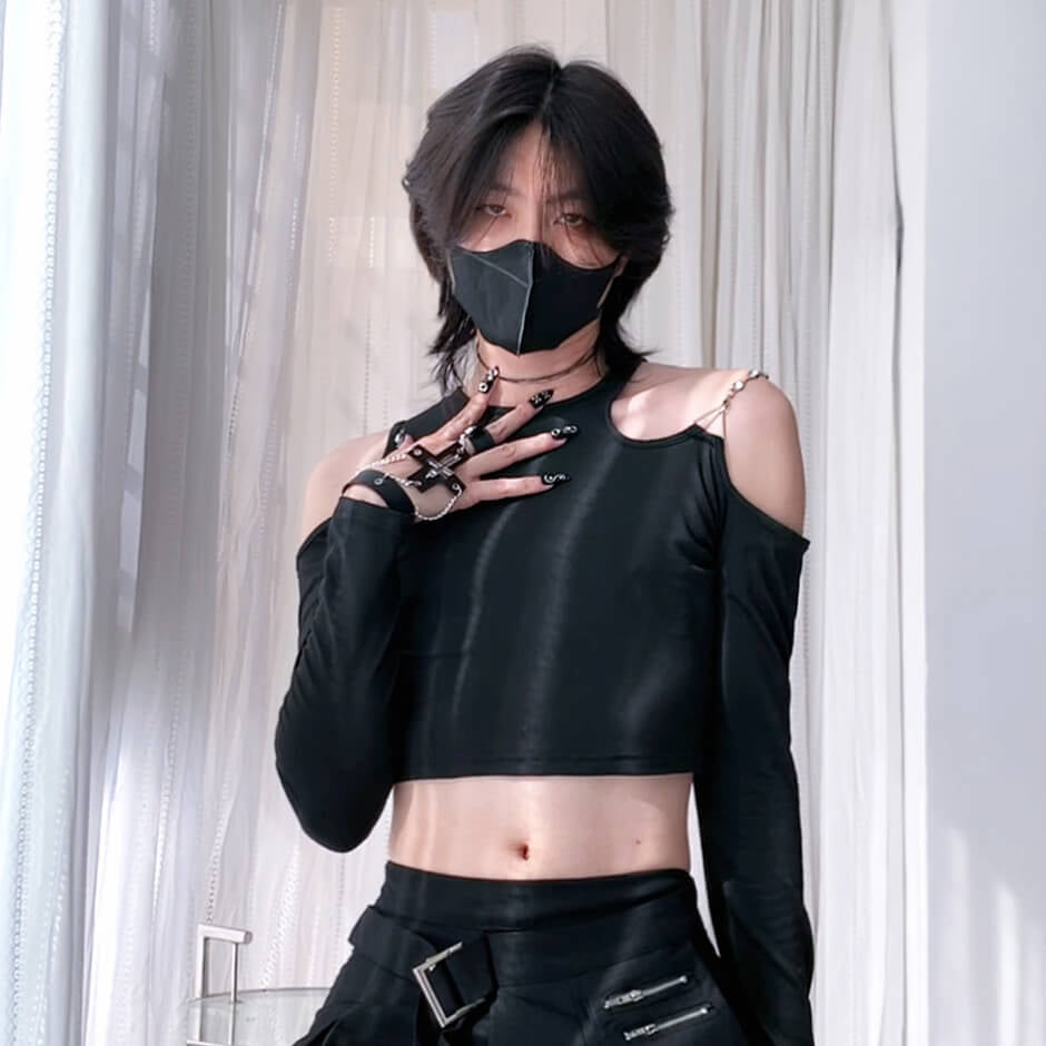 Black Long Sleeve Cut Out Shoulder Crop Top - Femboy Fashion