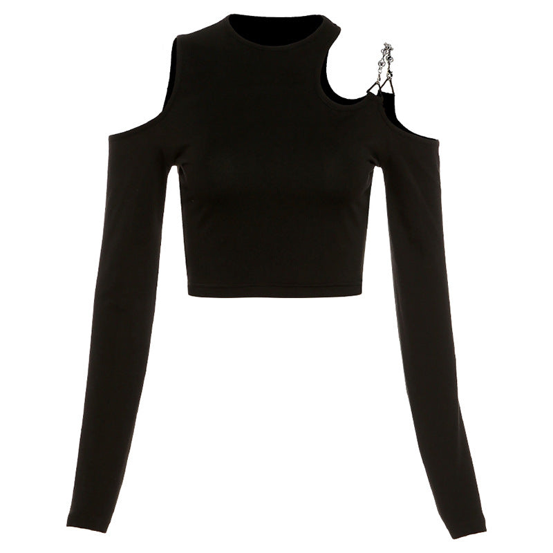 Black Long Sleeve Cut Out Shoulder Crop Top - Femboy Fashion