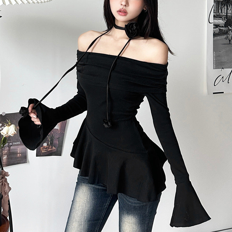 Femboy in Black Sweet Off Shoulder Top With Long Sleeves - Femboy Fashion