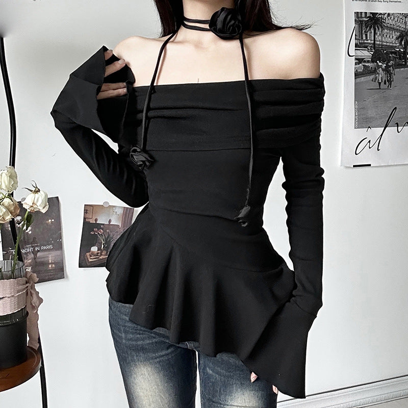 A Girl in Sweet Black  Off Shoulder Top With Long Sleeves - Femboy Fashion