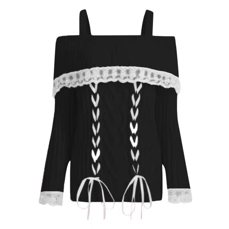 Black off-shoulder top with white lace details on a white background