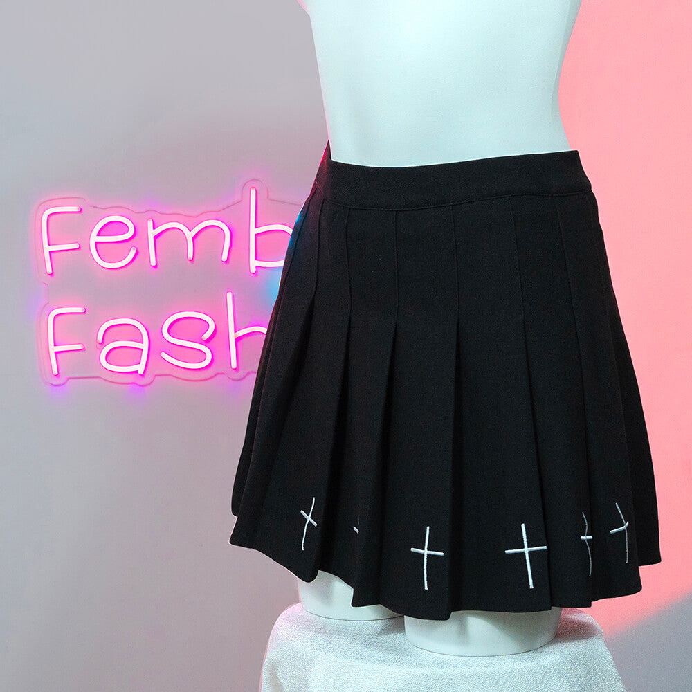 Black Pleated Skirt With Cross For Femboy - Femboy Fashion