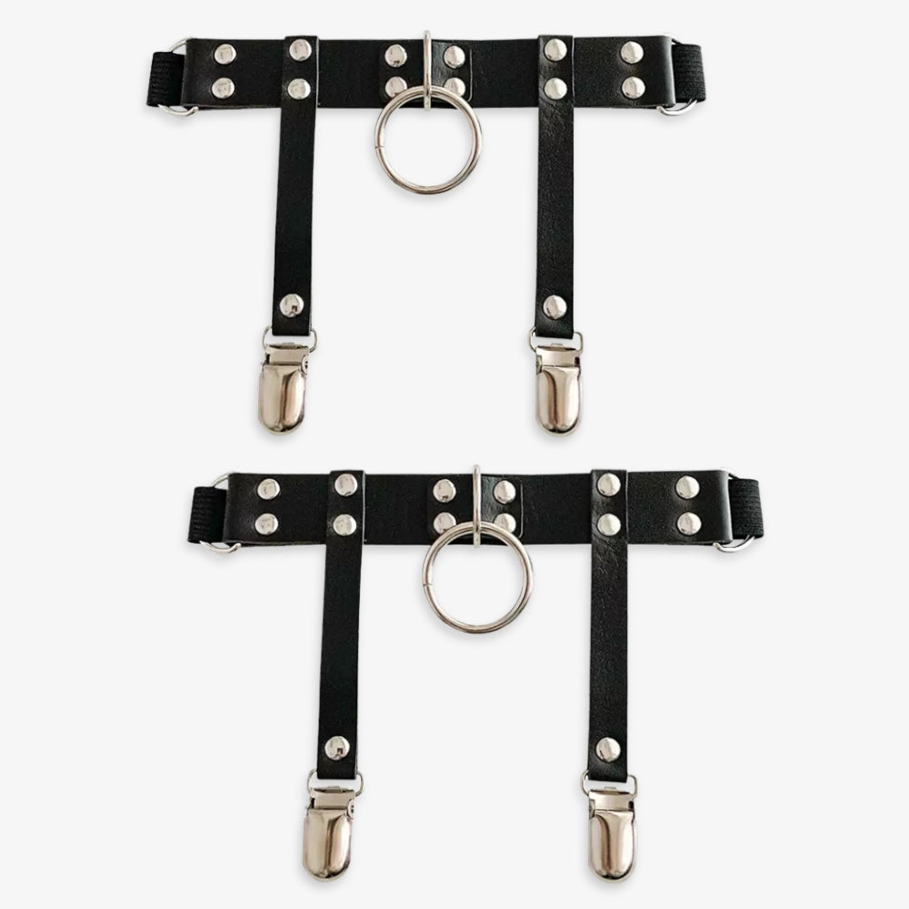 Black punk leather garters with o-ring