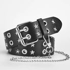 Black leather belt with silver star and round studs on a light gray background