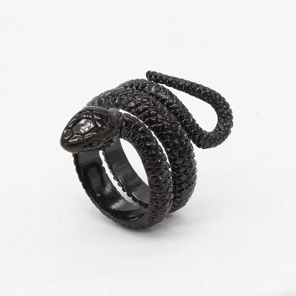 Black snake-shaped ring on a white background