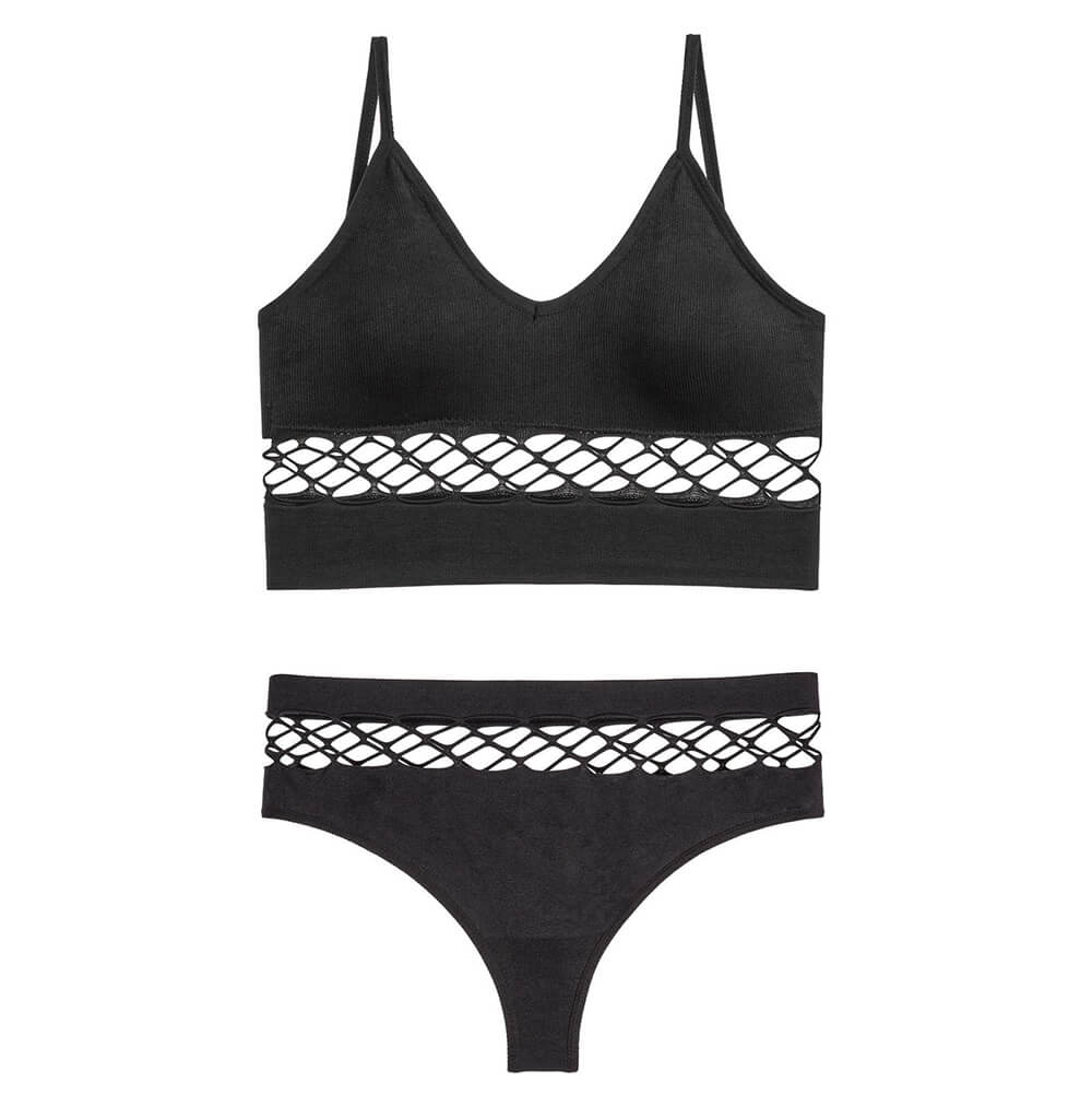 Black sexy cutout bra and panty set with lattice detailing on a white background