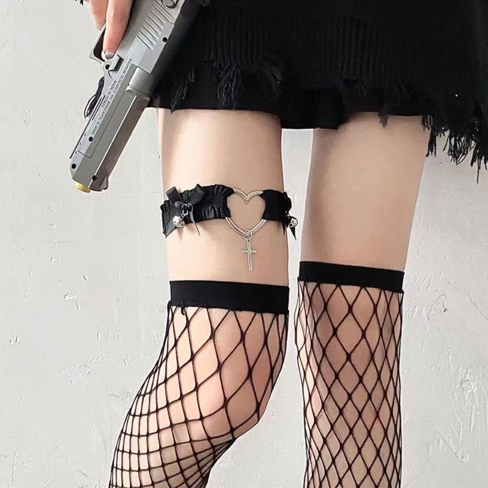 Sexy Black Heart And Cross Lace Thigh Garter - Femboy Fashion