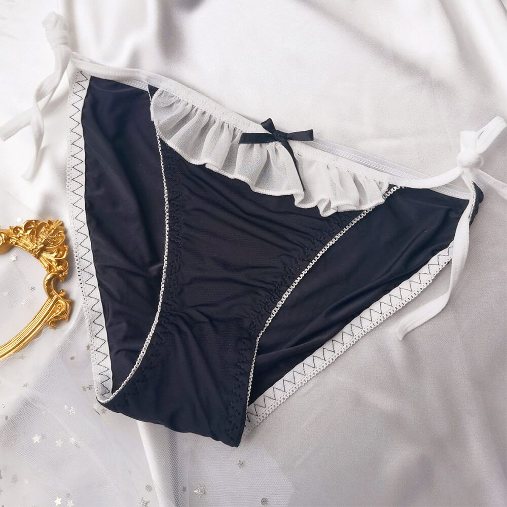 Black sexy maid tie side thong panty on a white background