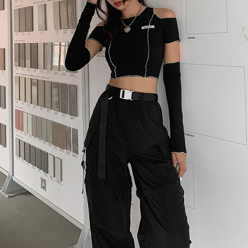 Black Shoulder Cut-Out Crop Top - Femboy Fashion