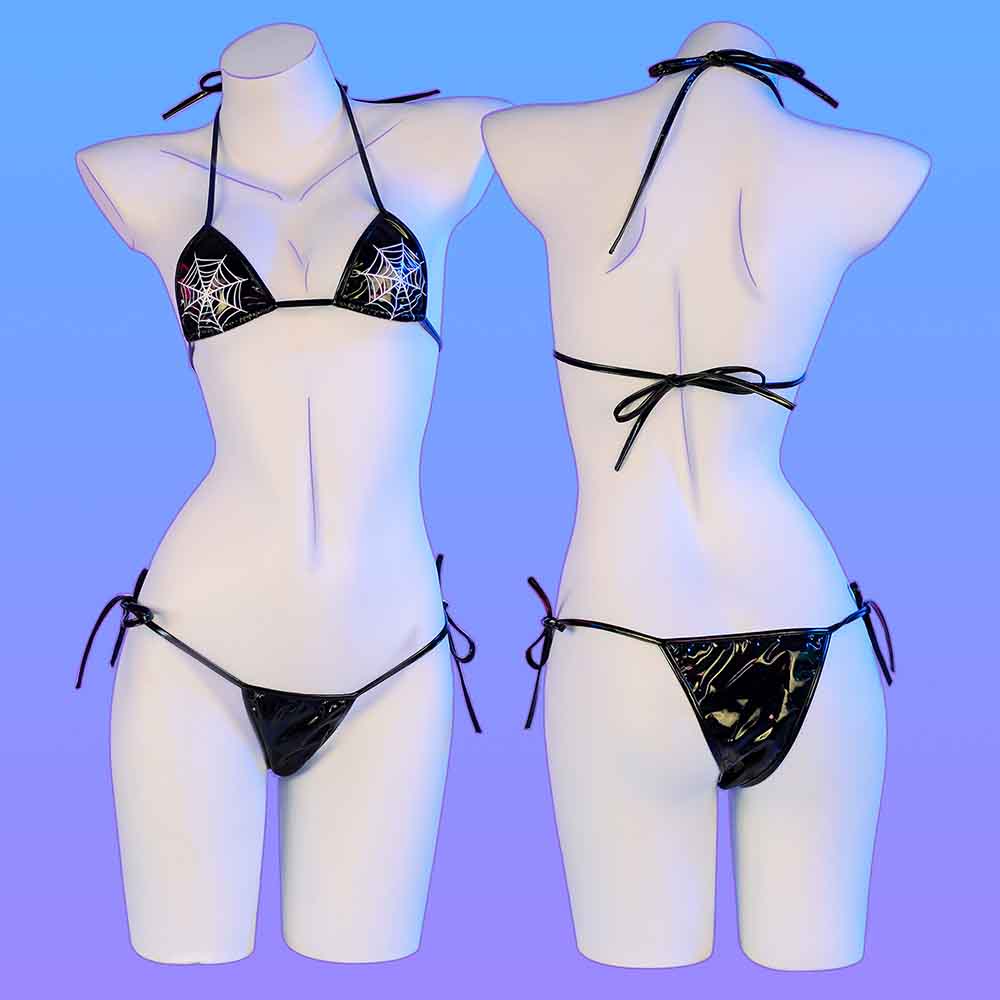 Spider Web Print Leather Bikini - Femboy Fashion