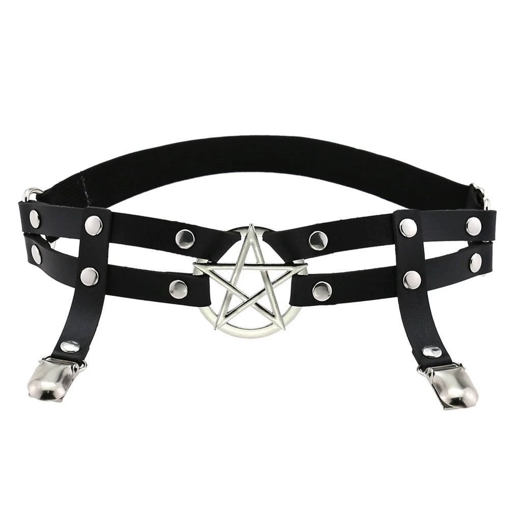One Black leather leg garter with silver pentagram design on a white background