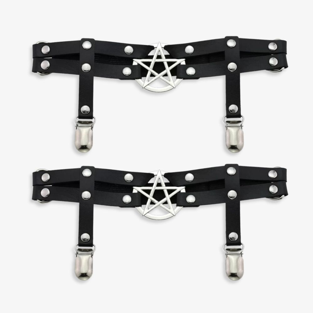 Black leather leg garters with silver pentagram design on a white background