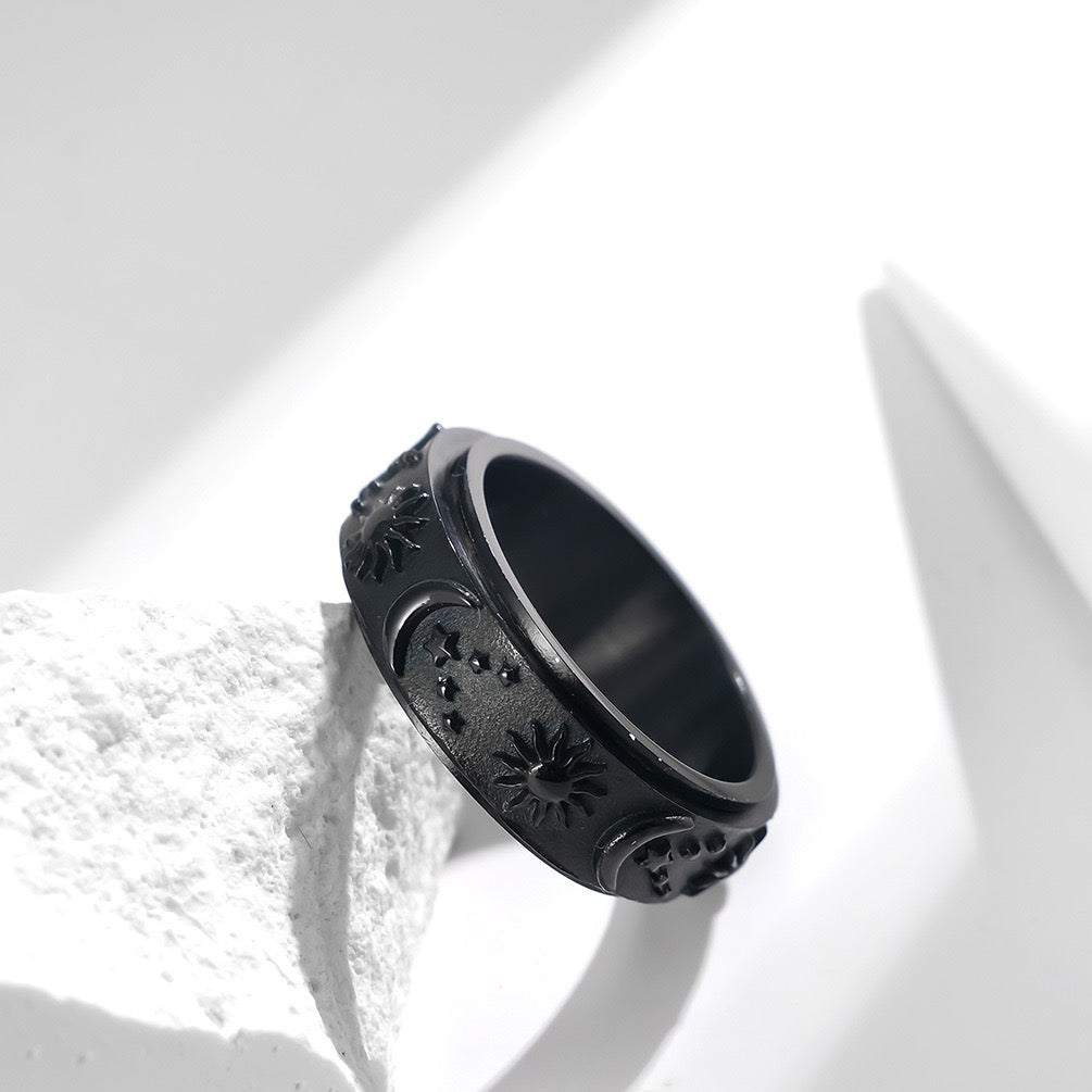 Black sun moon star rotating stainless steel ring