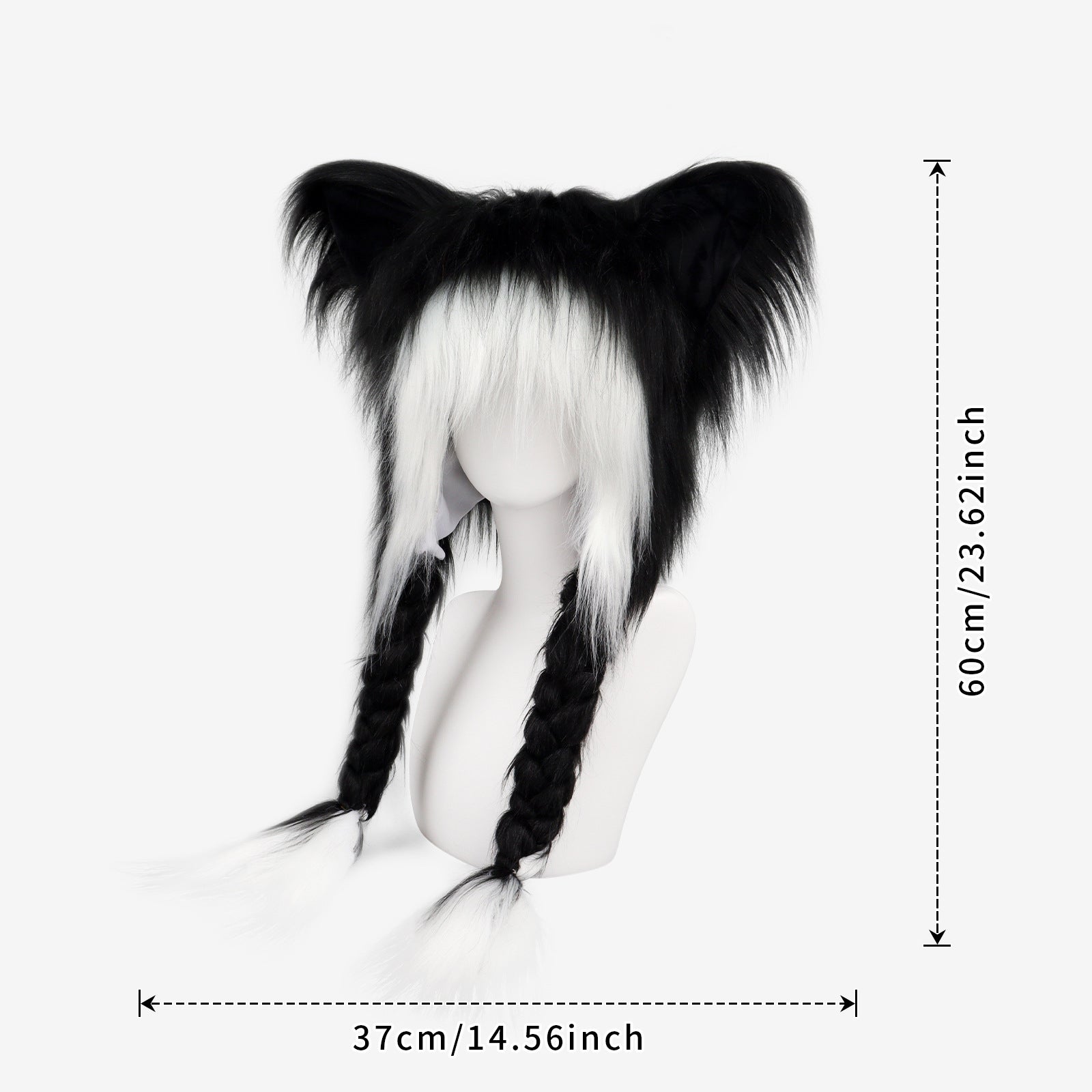 Black and white hair extensions with measurements on a white background