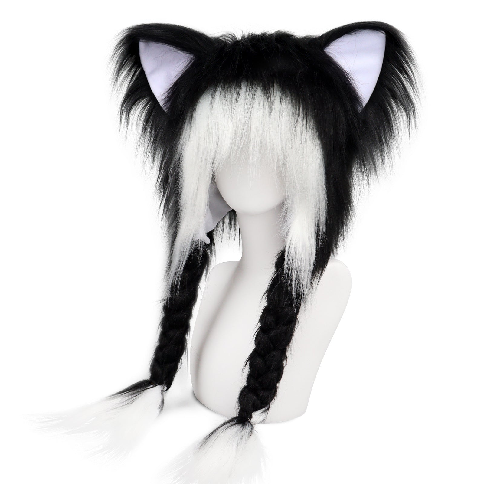 Black and white wig with cat ears on a mannequin head against a white background