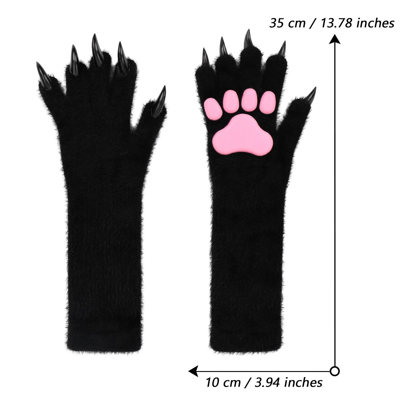 Black paw-shaped gloves with 3d pink paw and measurements on a white background