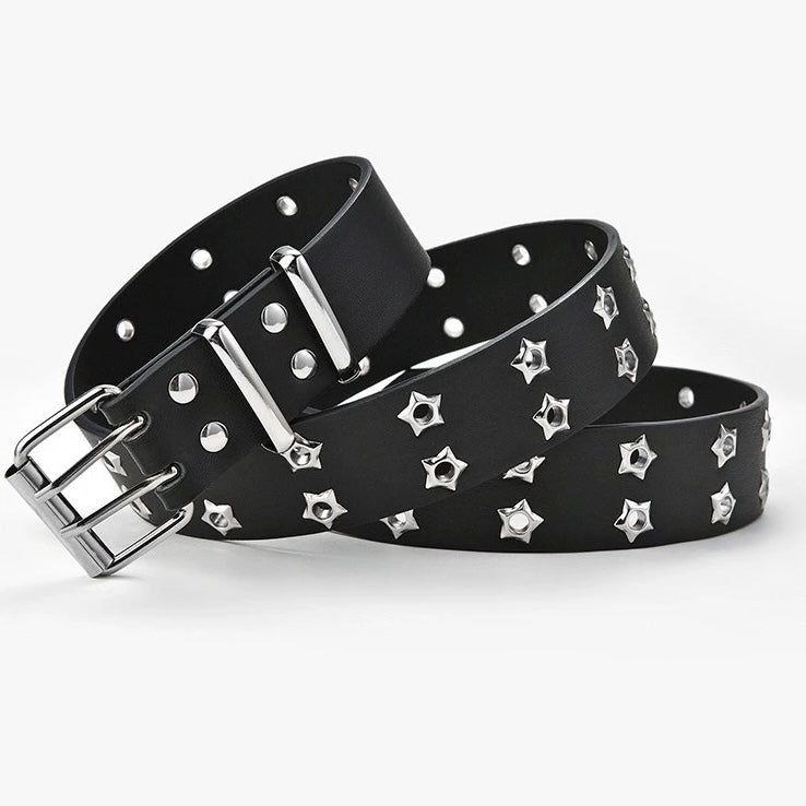 Black belt with star-shaped studs on a white background