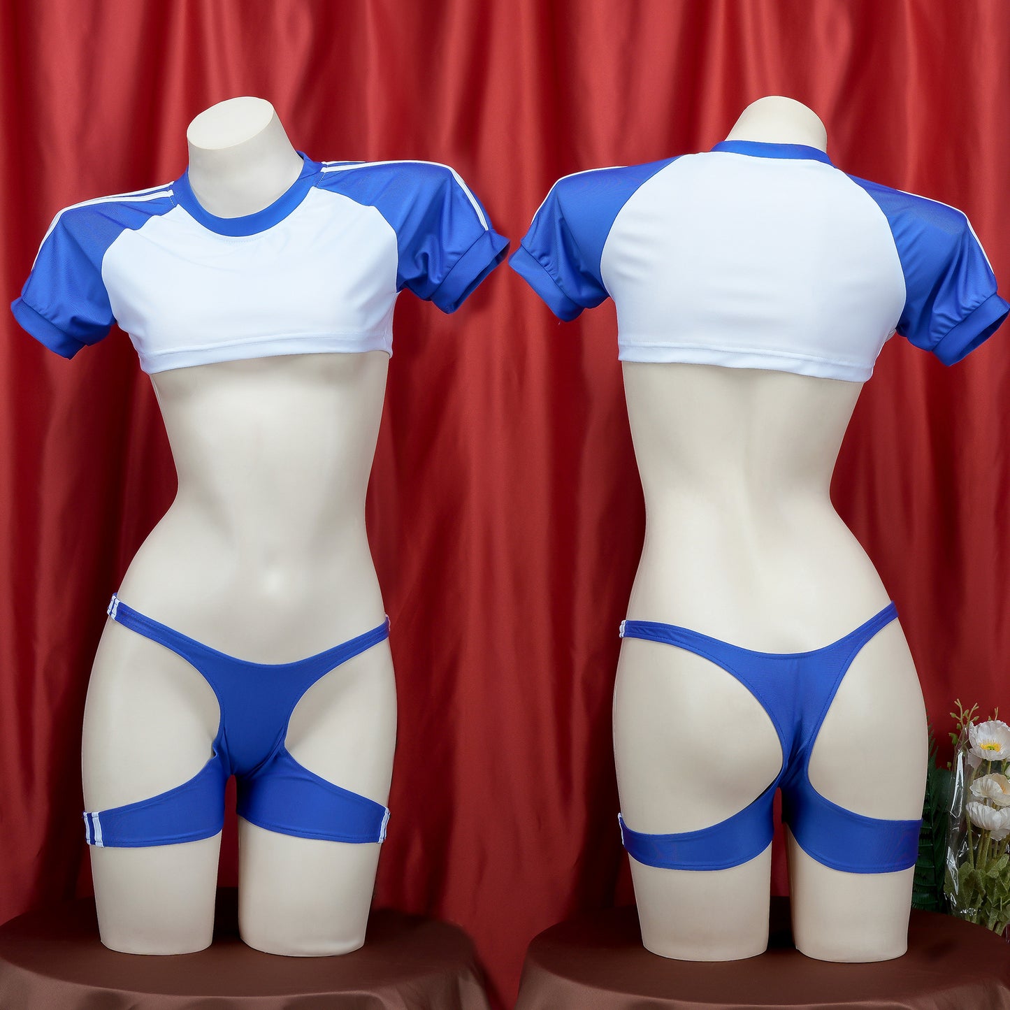 Blue And White Crop Top Lingerie Set Back and Front - Femboy Fashion