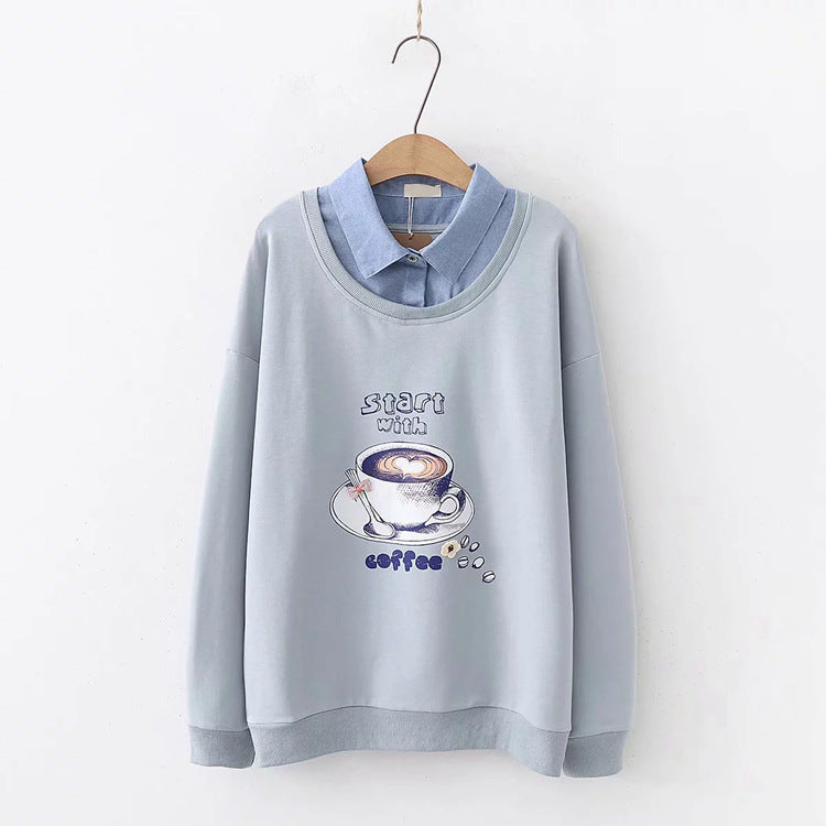 Blue Cute Coffee Printed Sweatshirts - Femboy Fashion