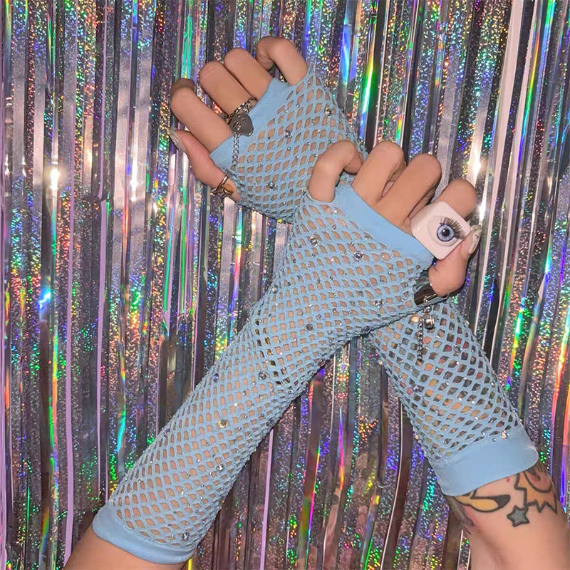Blue Fishnet Gloves With Rhinestones - Femboy Fashion