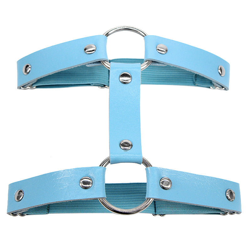 Blue Gothic Leather Double Ring Garter Belt - Femboy Fashion