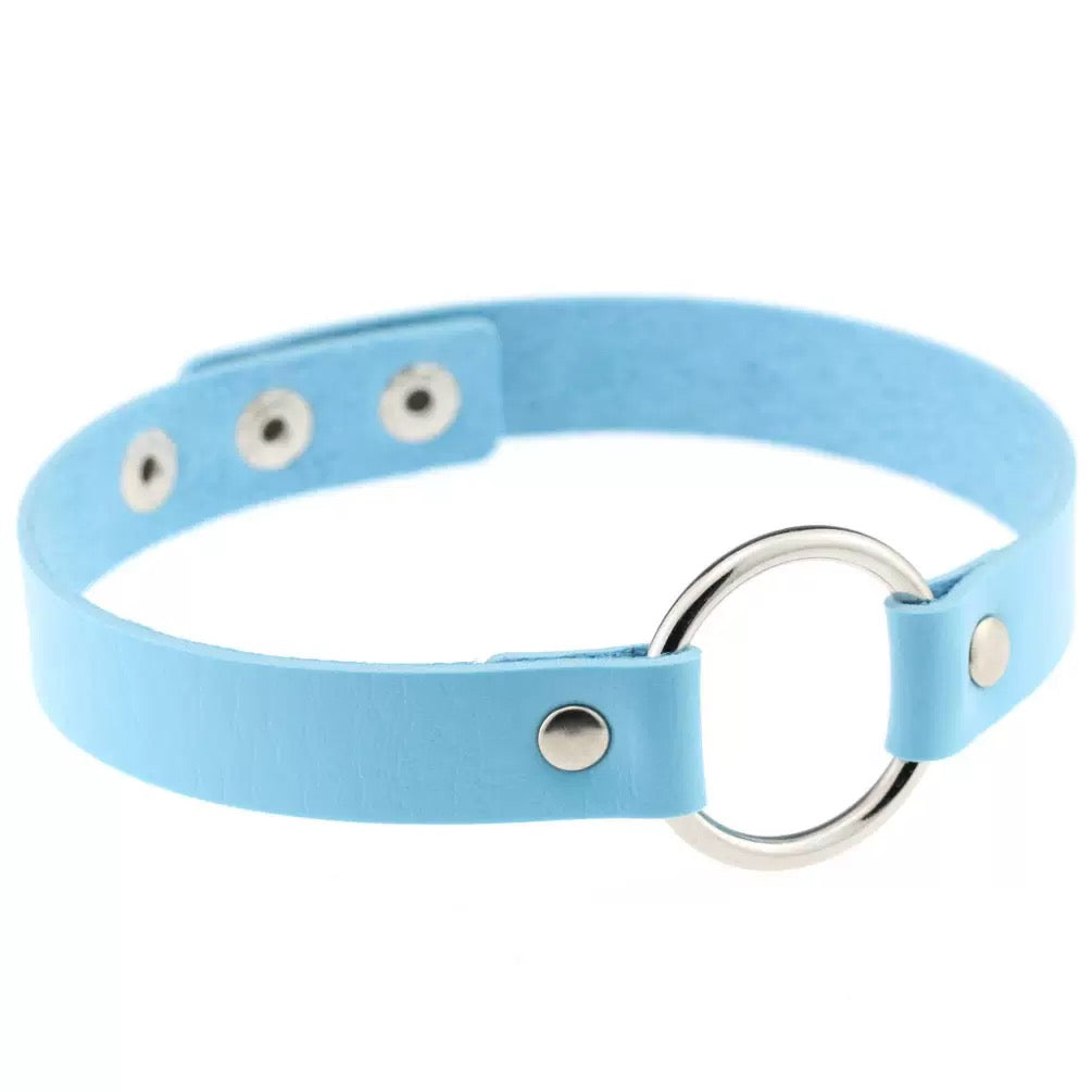Blue leather o-ring choker on a white background