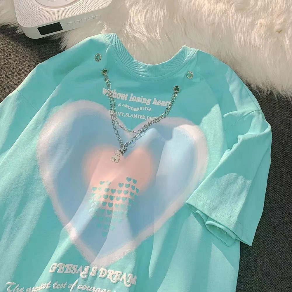 Blue Oversized Heart Print T Shirt With Chain - Femboy Fashion
