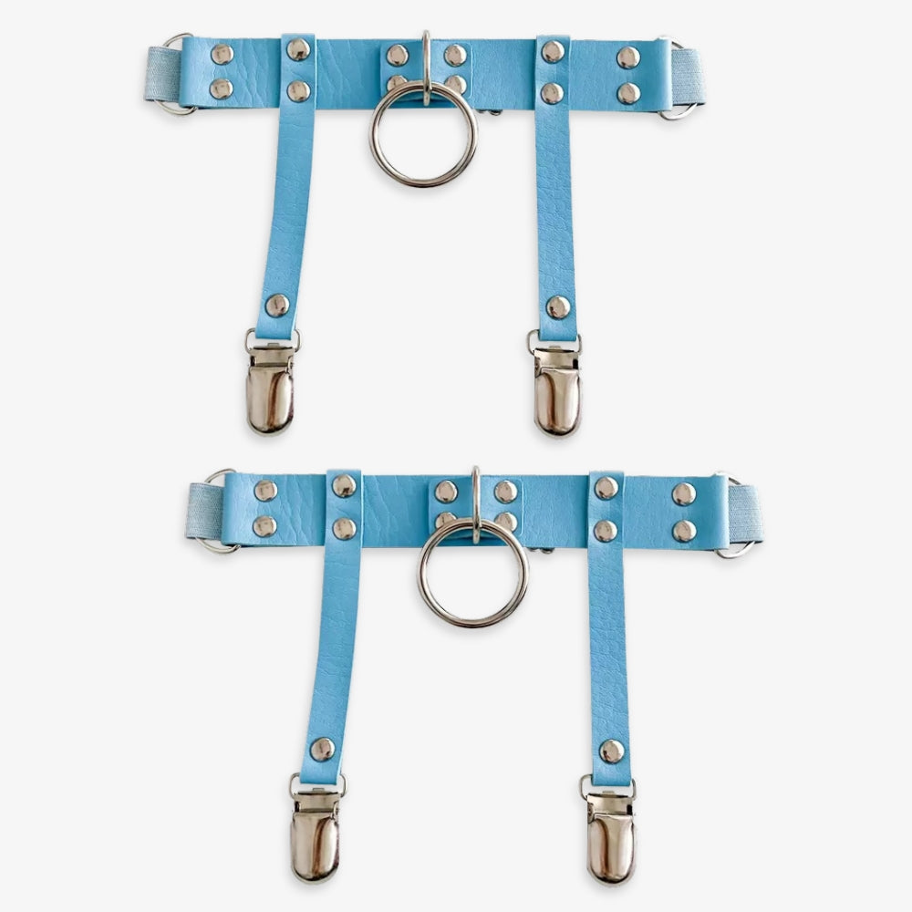 Blue punk leather garters with o-ring