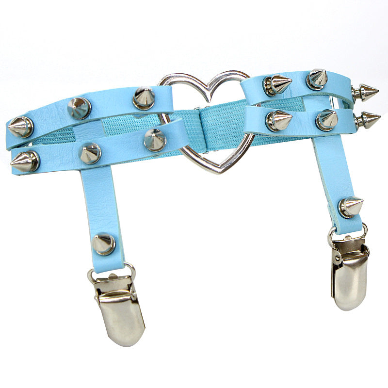 Blue Punk Leather Thigh Garter With Heart - Femboy Fashion