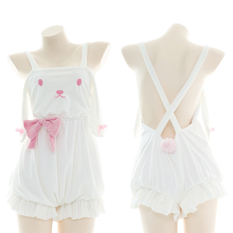 Pink Bow Tie White Cute Bunny Backless Lingerie Front And Back - Femboy Fashion
