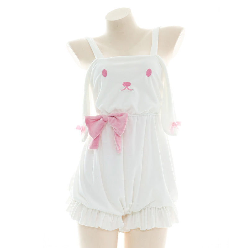 Pink Bow Tie White Cute Bunny Backless Lingerie Front - Femboy Fashion