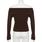 Brown off shoulder knit fitted pullover onback