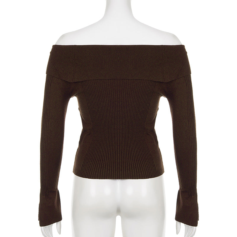Brown off shoulder knit fitted pullover onback