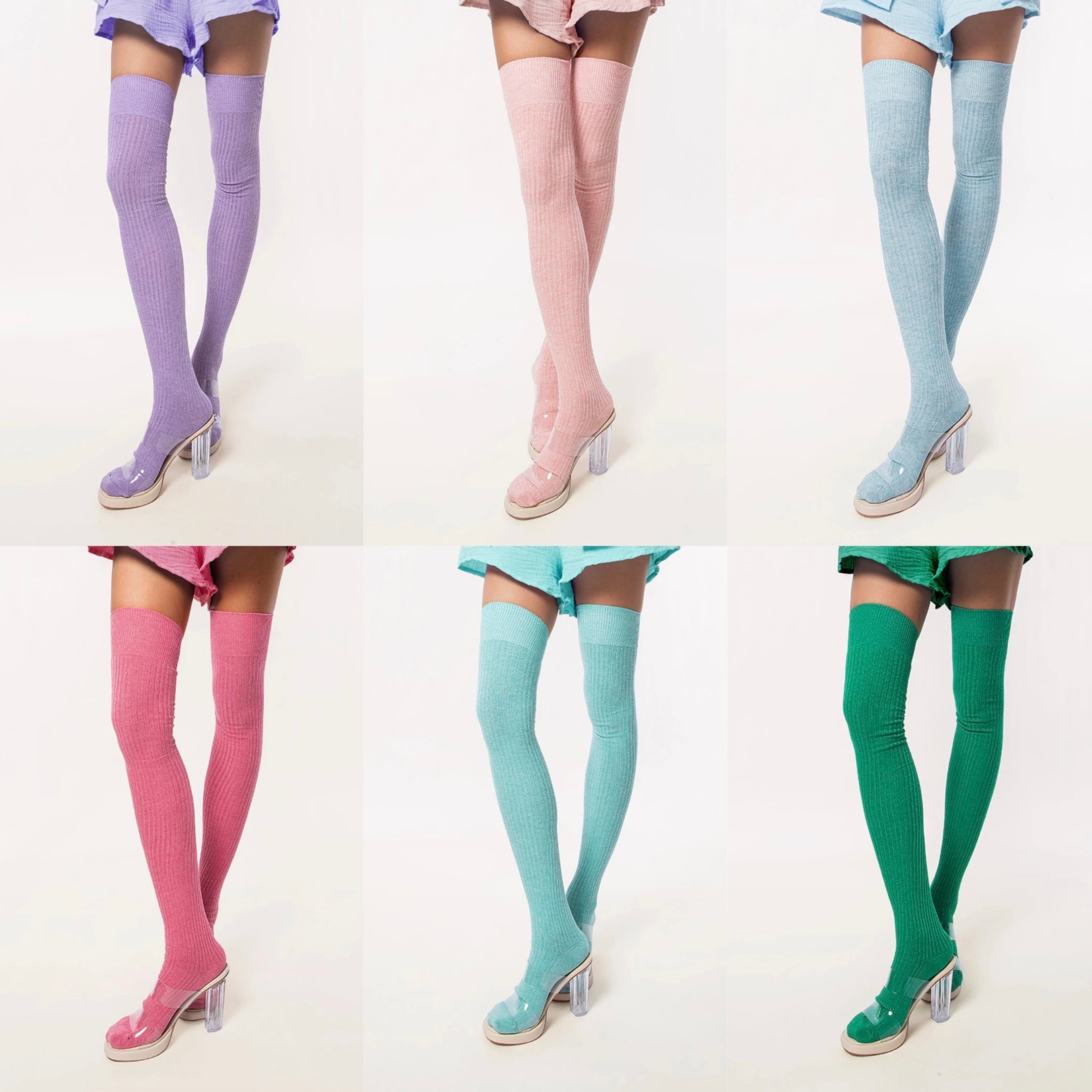Collage of four pairs of thigh-high socks in different colors with matching shoes on a white background.
