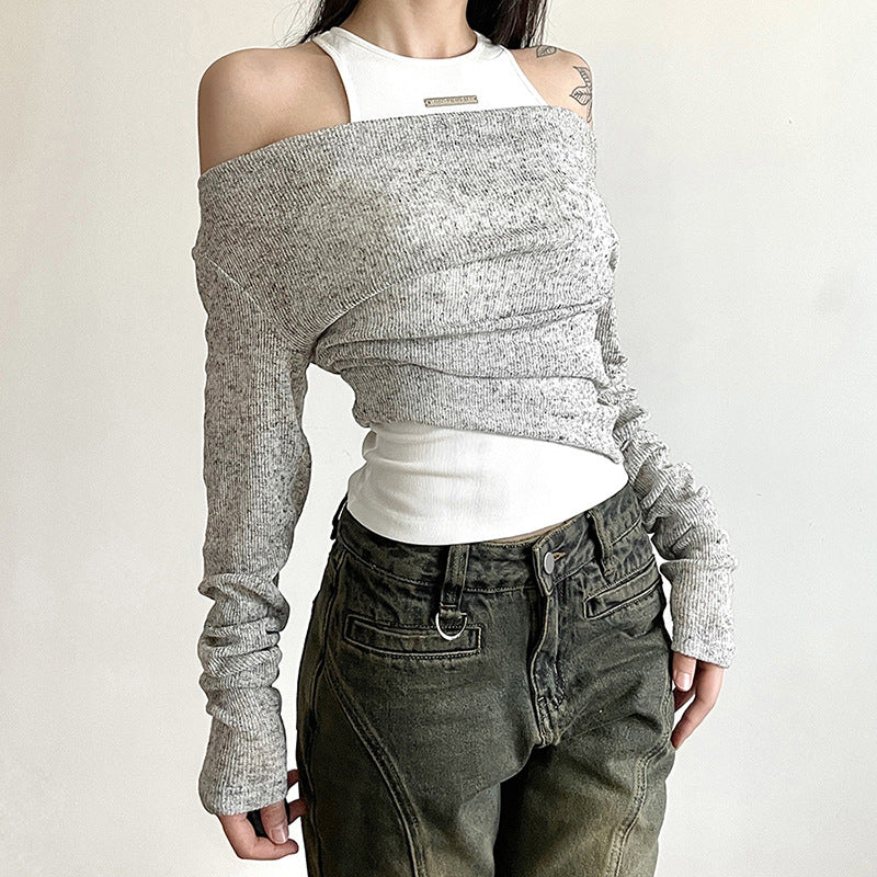 Grey Long Sleeve Two Piece Set Top - Femboy Fashion