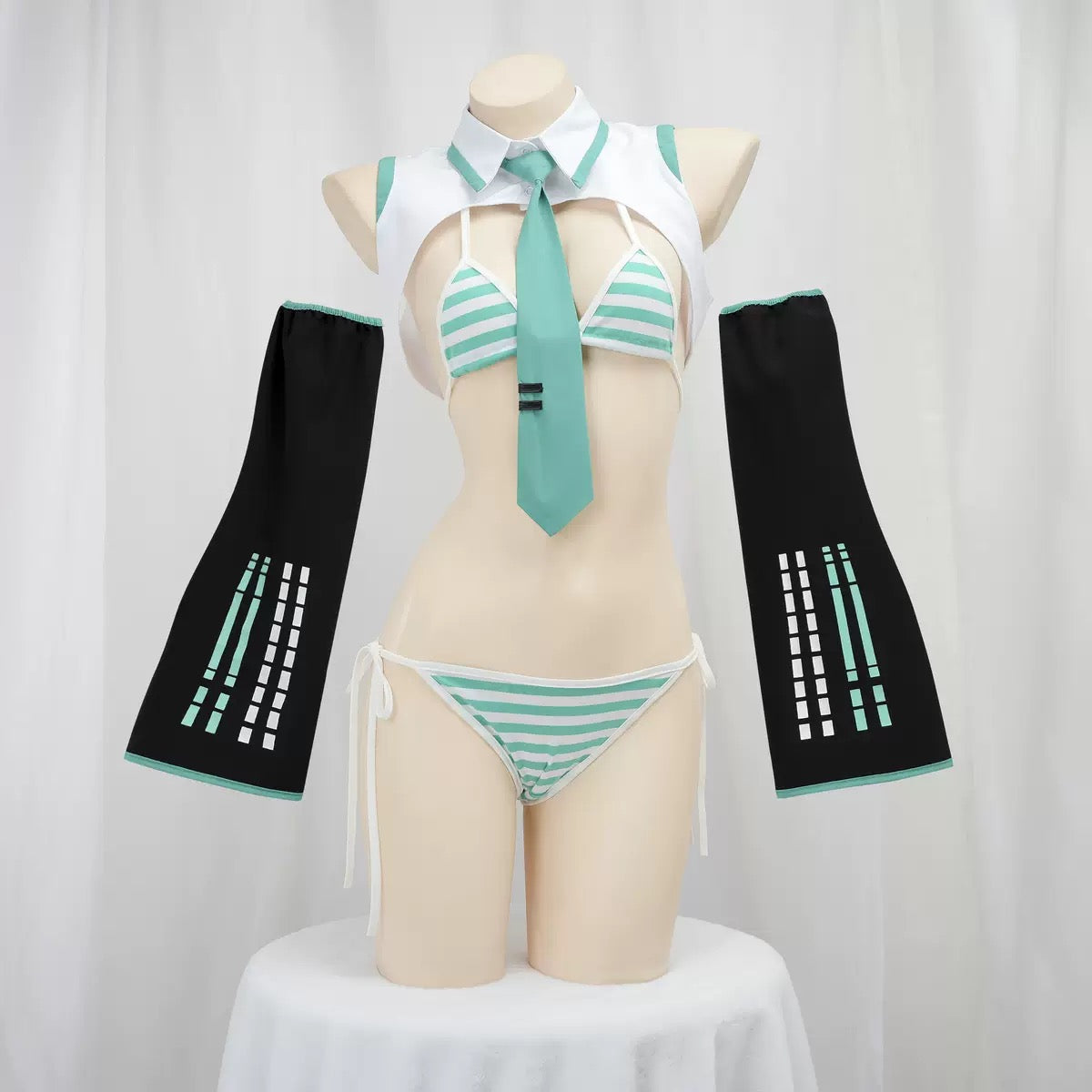 Mannequin wearing a turquoise and white striped cosplay anime lingerie set on a white background