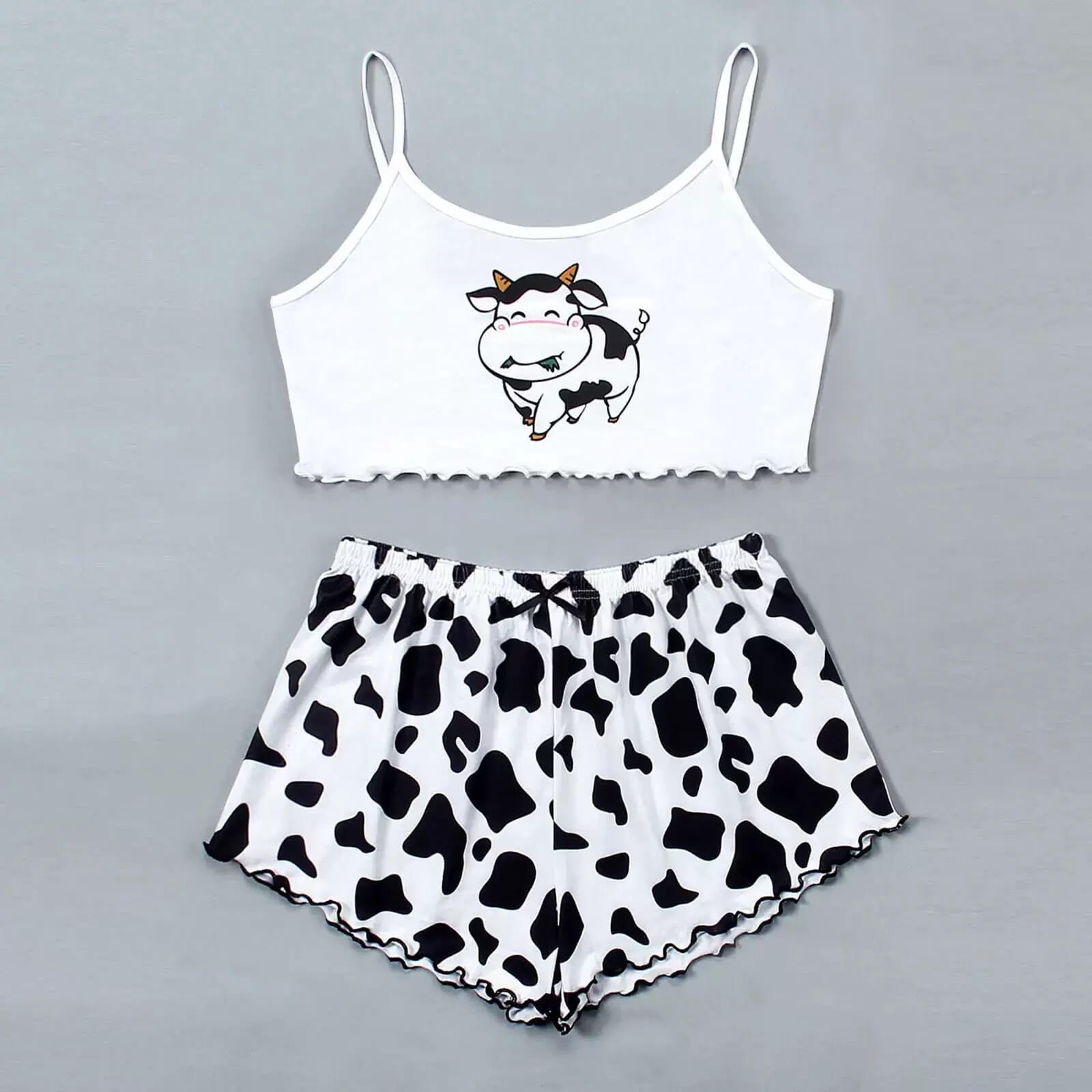 Cow print pajama shorts front