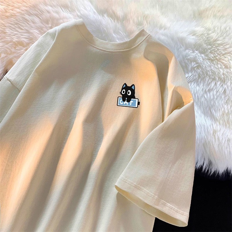Beige Cute Cat Printed T-Shirt - Femboy Fashion