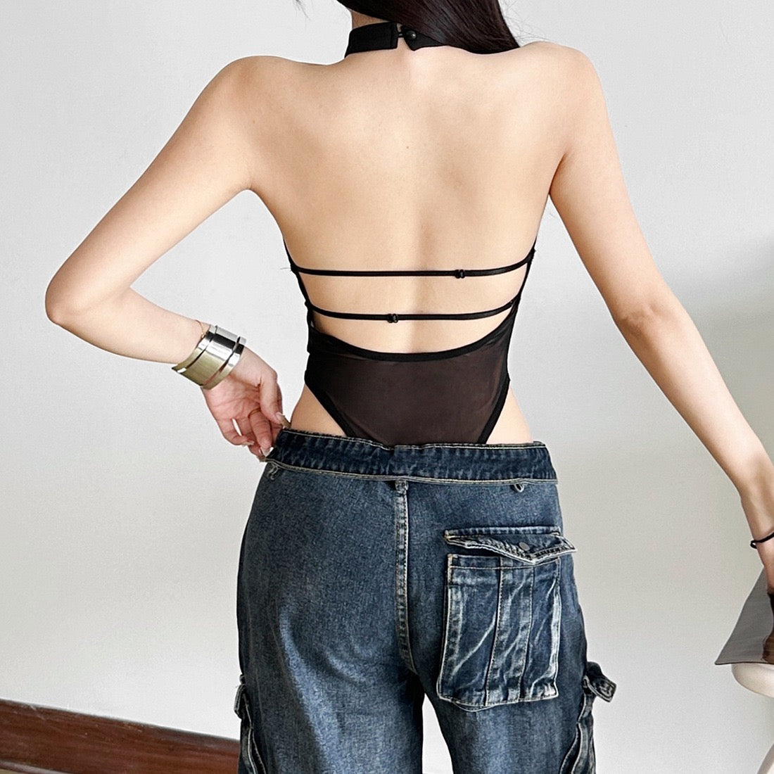 Femboy in Black Halterneck Bodysuit With Chain Straps Back - Femboy Fashion