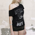 Cute black printed off the shoulder t shirt