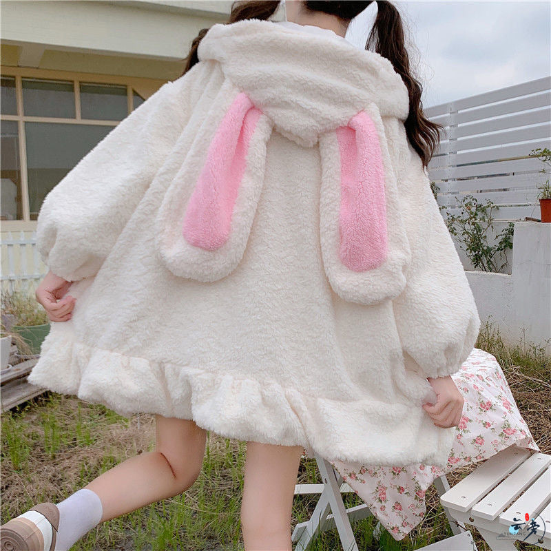 White Cute Bunny Zip Hoodie With Ears - Femboy Fashion