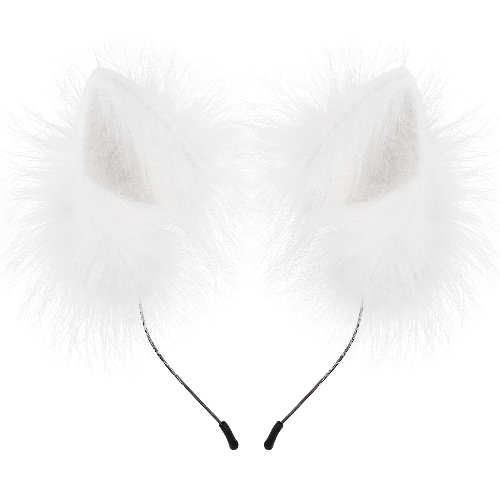 White faux fur cat ears headband with black elastic bands, shown against a plain white background.